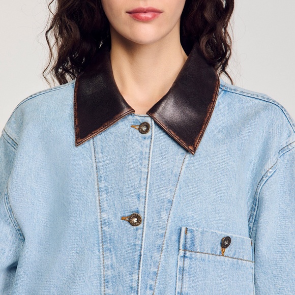 SANDRO DENIM JACKET WITH LEATHER COLLAR FR 34 US 2 - Picture 4 of 8